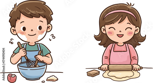 Cartoon children baking together, boy mixing ingredients in bowl, girl rolling dough with rolling pin, kids cooking activity, learning, fun, friendship, vector illustration