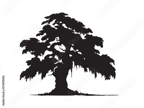 Spooky Haunted Cypress Tree Solid Black Vector Art