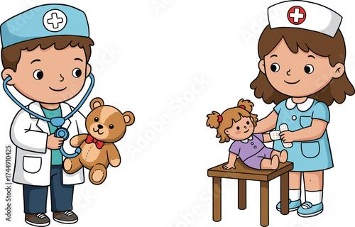 Cartoon children dressed as doctor and nurse, boy examining teddy bear, girl bandaging doll, kids medical play, healthcare education, roleplay, vector illustration