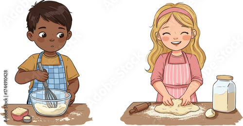 Cartoon children baking together, boy whisking ingredients in bowl, girl kneading dough on table, kids cooking activity, learning, teamwork, fun, friendship, vector illustration