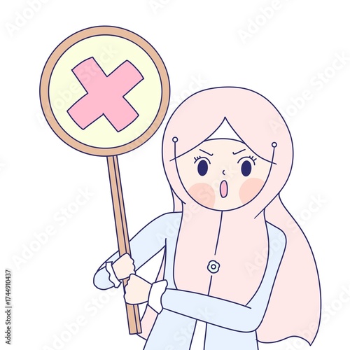 a muslim girl shows no sign. a muslim girl shows deny sign.