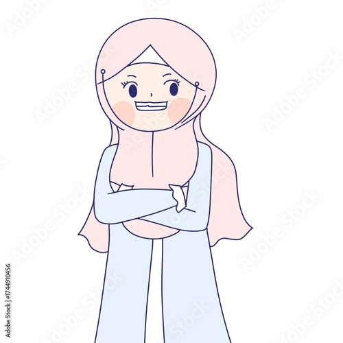 a muslim girl is crossing an arms over a chest with sarcastic face.