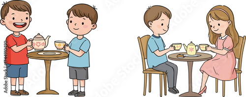Cartoon children drinking tea, boys with teacups, girl serving cookies, kids tea party, pretend play, friendship, fun, learning, family, vector illustration