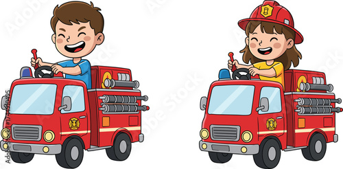 Cartoon children driving fire trucks, firefighter kids illustration, boy and girl in uniform, emergency vehicle, playful design, educational artwork
