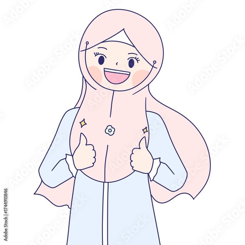 a muslim girl thumps up, hijab girl shows thumps up sign.