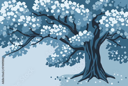 Winter background with snowy tree, forest and nature scene in blue tones. Vector illustration of cold season landscape with frost and snow