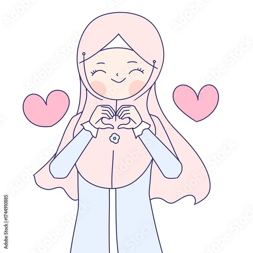 a muslim girl in hijab headscarf shows love sign with two pink hearts. a clipart hijab girl in hijab headscarf shows love sign with smile.