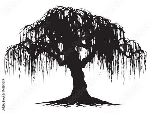 Mysterious Haunted Willow Tree Solid Black Illustration