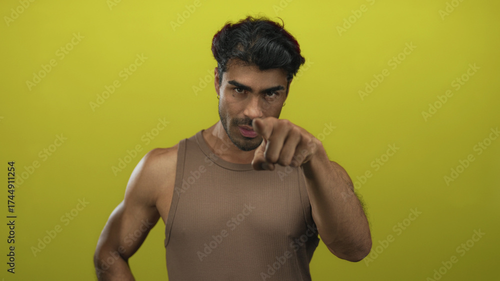 Fototapeta premium Young hispanic man in a brown tank top with a bare muscular arm points finger directly at camera in studio; confidence.