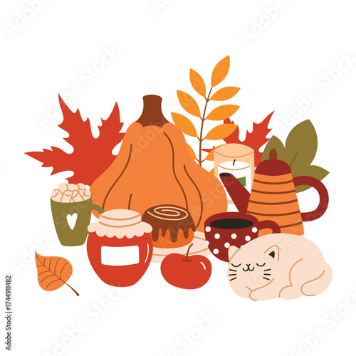 Autumn cozy composition.Warm fall collection with tea, coffee, blanket and cat and soft armchair. Vector flat cartoon illustration