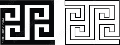 Greek key border icon set in flat and outline styles. Ancient meander pattern symbol, geometric frame design elements, seamless ornamental art decoration and classic greek design vectors illustration.