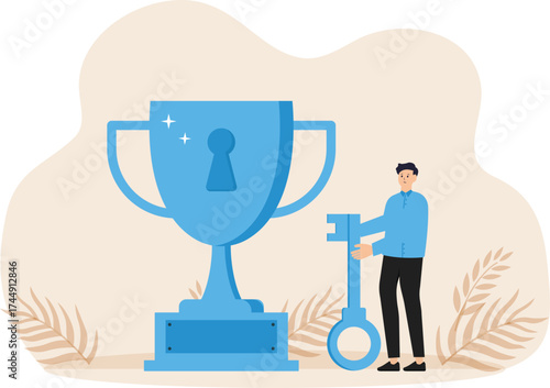 Concept of victory to find secret key,method to achieve highest result in work or study, winning strategy for defeating competitor concept
