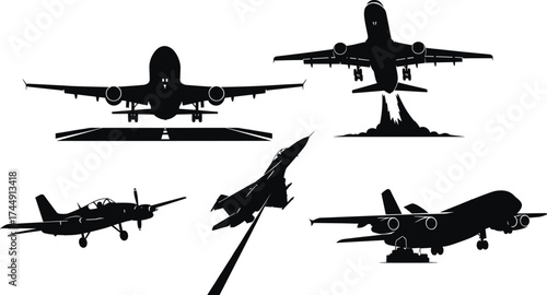 Airplane silhouette illustration, flight stages, commercial jet, propeller aircraft, military plane, takeoff and landing, black figures, motion trail, aviation concept