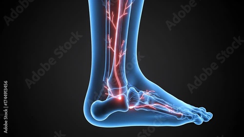 Human Foot Anatomy with Visible Nerves and Blood Vessels, Medical Illustration of the Ankle and Foot Structure.