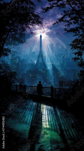 Mysterious night scene of Paris skyline.