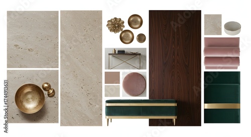 Interior design mood board featuring textures colors and furniture elements
