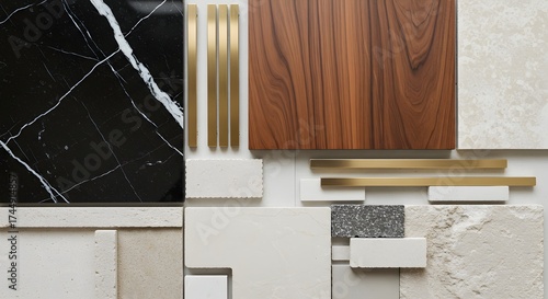 Collection of material samples including marble wood metal and stone for design