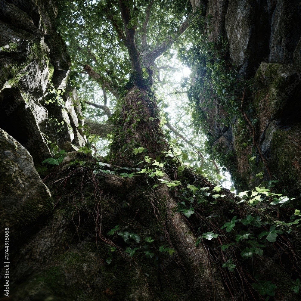 Fototapeta premium Majestic tree surrounded by rocks and greenery.
