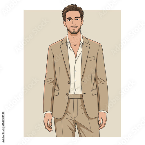 Stylish Young Man in Smart Casual Beige Suit Standing Illustration