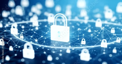 Digital network security concept with padlocks and connections in blue