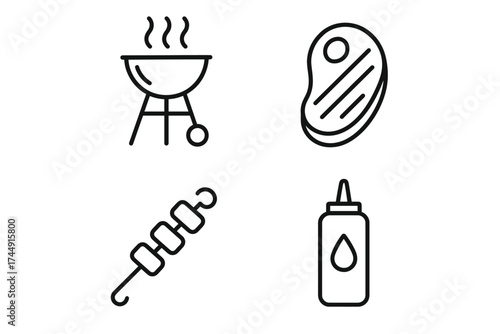 Grill and barbecue icons: bbq, steak, skewer, sauce bottle line art