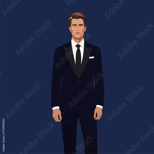 Stylish Man in Tuxedo with Black Tie Illustration on Blue Background
