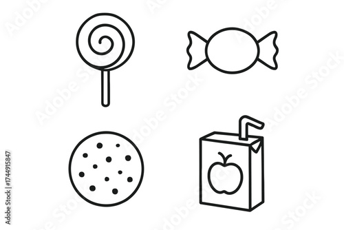 Black and white icons of lollipop candy cookie and juice box