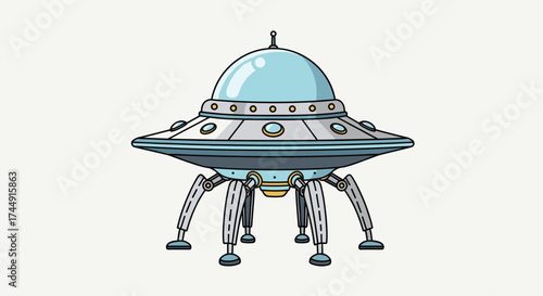 Retro sci fi flying saucer with articulated legs for landing on alien planets.