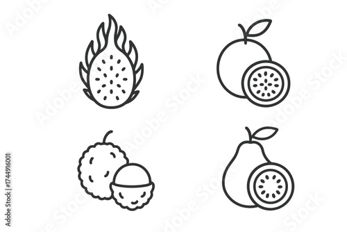 Outline illustrations of exotic fruits: dragon fruit, passion fruit, lychee, pear