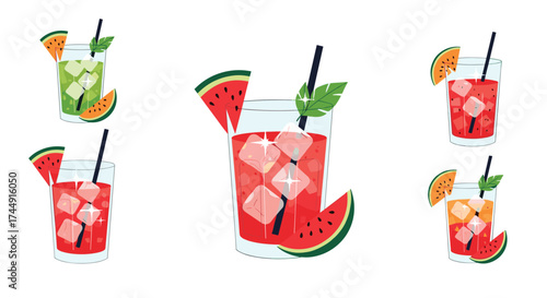 Refreshing fruit cocktails with ice and mint leaves for summer.