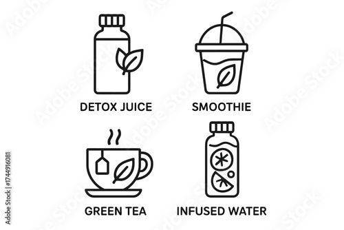 Detox juice and beverage icons: smoothie, green tea, infused water designs