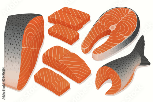 Assorted fresh salmon cuts displayed with slices and fillets on white background