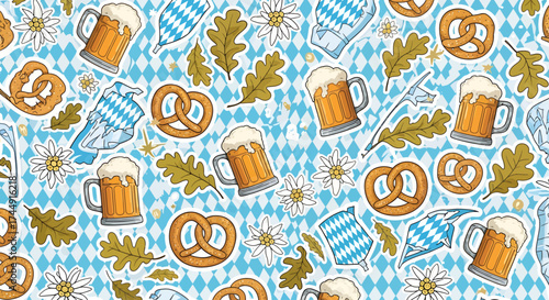 Seamless pattern featuring traditional Oktoberfest elements like beer mugs, pretzels, Bavarian flags, oak leaves, and edelweiss flowers on a blue and white diamond background.