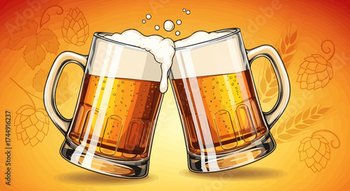 Two frosty beer mugs clinking together in a celebratory toast, with hops and wheat in the background.