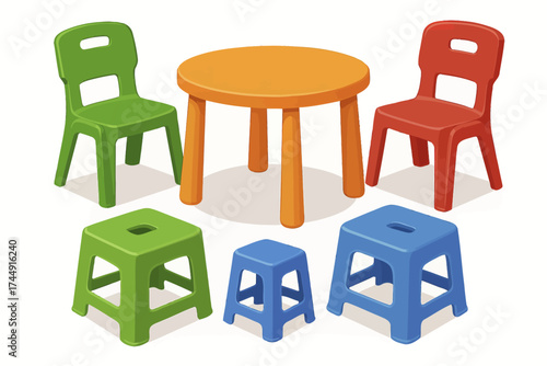 Colorful children's furniture: round table with green, red chairs and blue, green stools