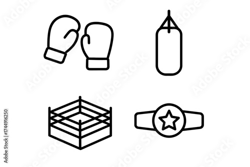 Boxing equipment icons: gloves, punching bag, ring, championship belt