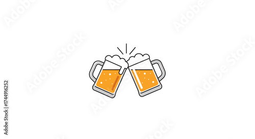 Two cartoon beer mugs clinking together in a celebratory toast, filled with golden ale and topped with frothy white foam, on a clean white background.
