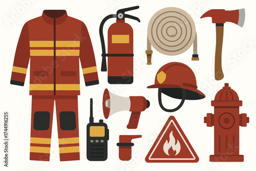 Essential firefighting equipment collection including uniform, tools, and safety gear