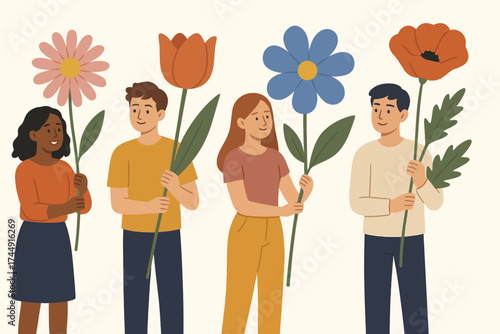 Diverse group of young adults holding large flowers in a whimsical art style