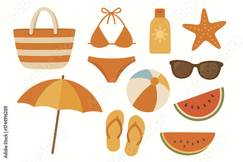 Summer beach essentials: bag, bikini, sunglasses, umbrella, sandals, beach ball, watermelon