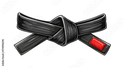 Detailed illustration of a black martial arts belt tied in a knot, featuring a red bar, symbolizing mastery and achievement in combat sports.