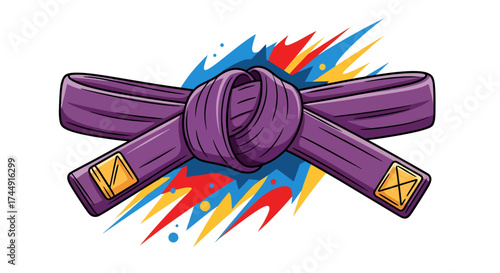 A vibrant purple martial arts belt tied in a knot, set against an energetic background of colorful lightning bolts and splatters, symbolizing achievement and skill.