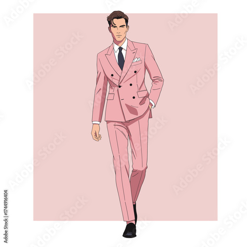 Fashionable Man in Pink Double-Breasted Suit Illustration