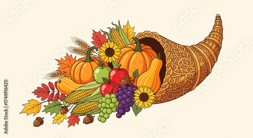 Vibrant illustration of a cornucopia overflowing with autumn harvest produce, including pumpkins, apples, grapes, corn, and fall leaves, symbolizing abundance and Thanksgiving.