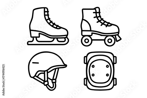 Outline icons of ice skates, roller skates, helmet, and knee pad