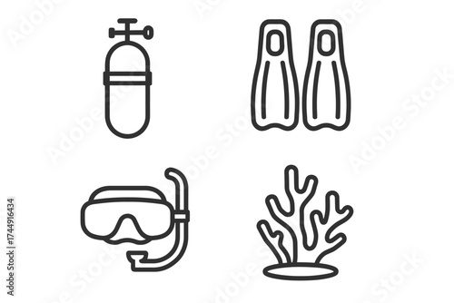 Diving gear and coral icons depicting snorkeling equipment