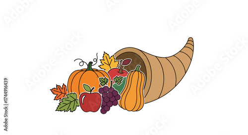 Colorful illustration of a cornucopia overflowing with autumn harvest fruits, vegetables, and leaves on a white background.