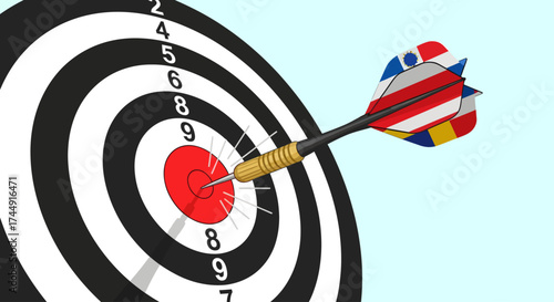 A dart with a colorful fletching hitting the red bullseye of a black and white dartboard, symbolizing accuracy and success.