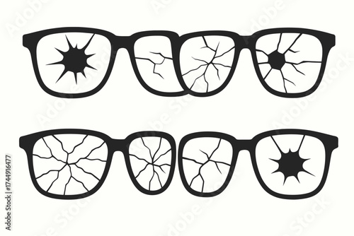 Broken glasses with multiple cracks and shattered lenses on plain background