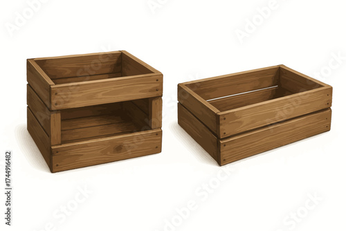 Two brown wooden crates on white background